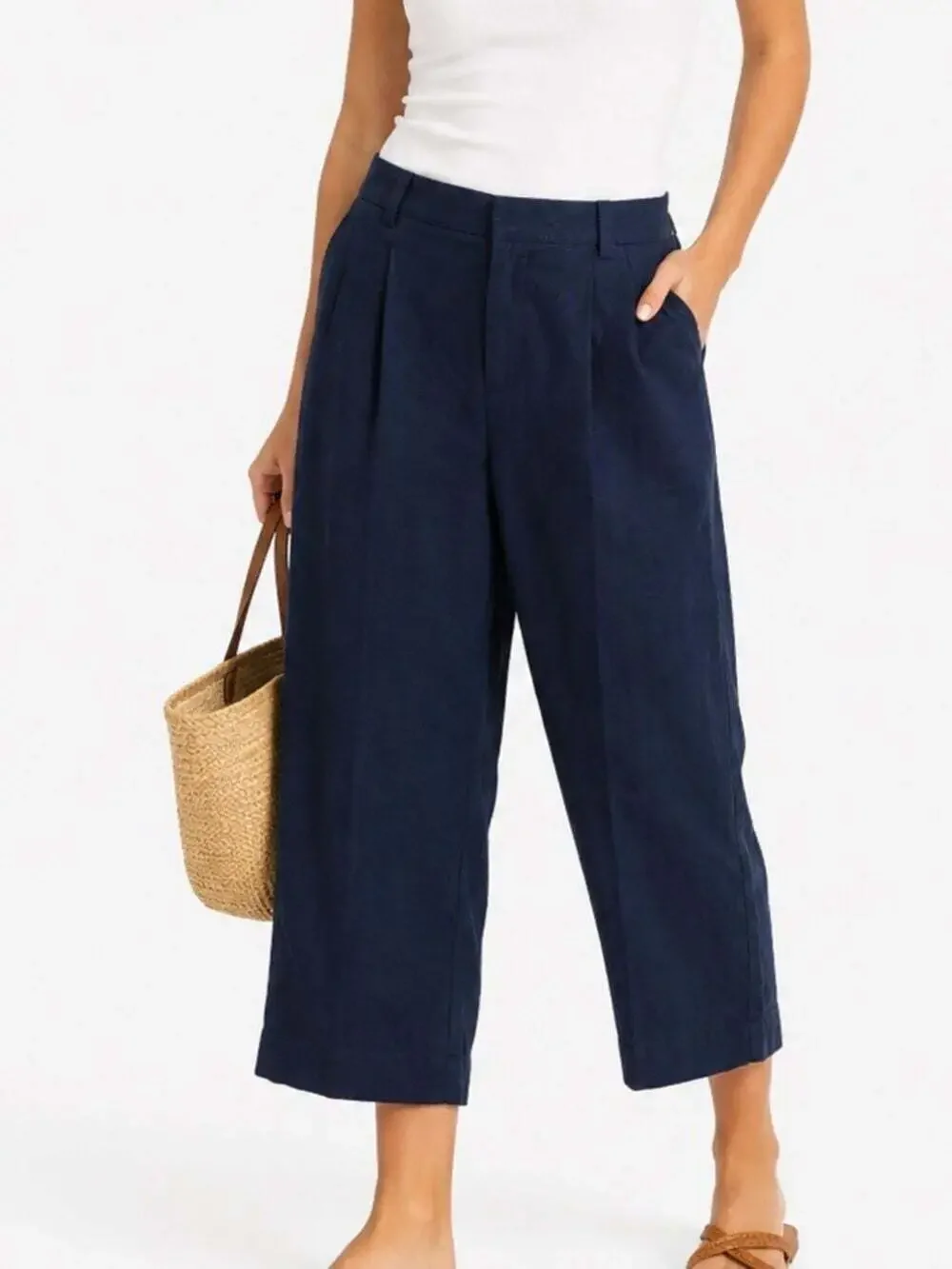 Banana Republic Linen Pants 10 Blue Wide Leg Crop-Lightweight Trousers